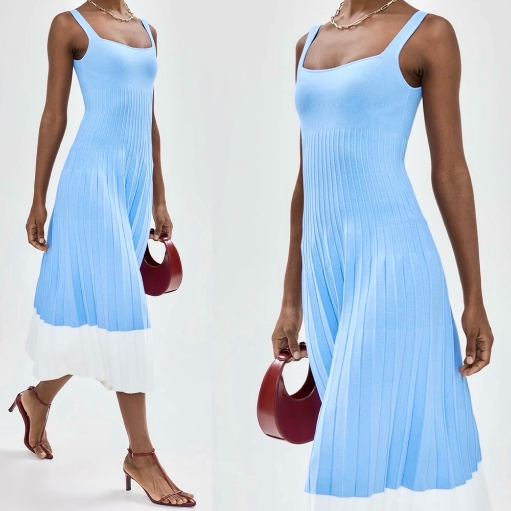🌺🎉HP🎉🌺 NWT Staud Ellison Pleated Midi Dress Blue White 🌟Rare🌟